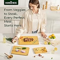 Vista 2 de Tabla de Cortar de Madera para Cocina - Juego de Regalo de 3 Tablas de Cortar Reversibles de Bambú con Ranura para Jugos, Tabla de Cortar de Madera