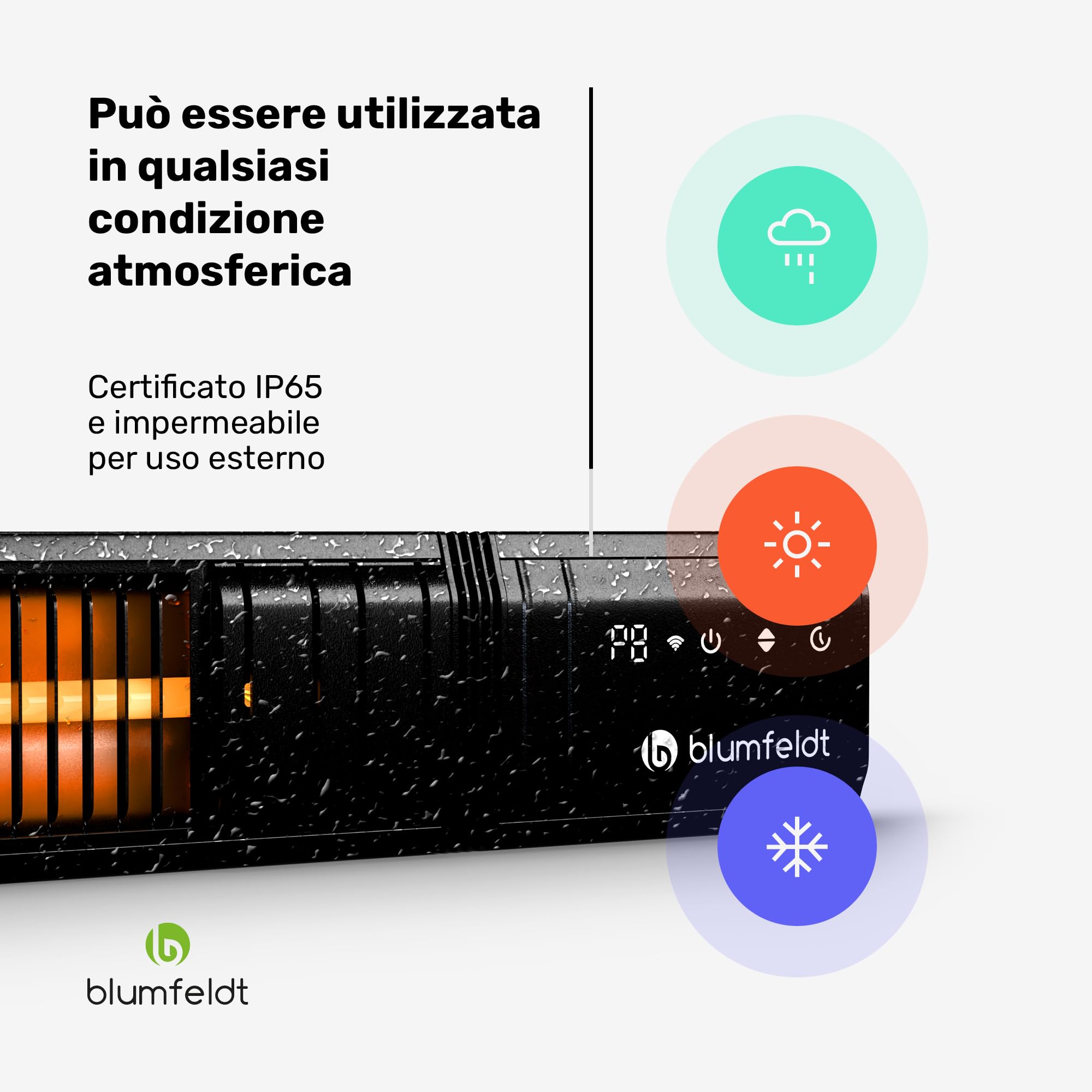 Blumfeldt Riscaldamento a Infrarossi 2000W – Montaggio a Parete & Soffitto, IP65 Impermeabile, 9 Impostazioni, Controllo WiFi, Tubi D'oro, per Balconi, Terrazze & Giardini