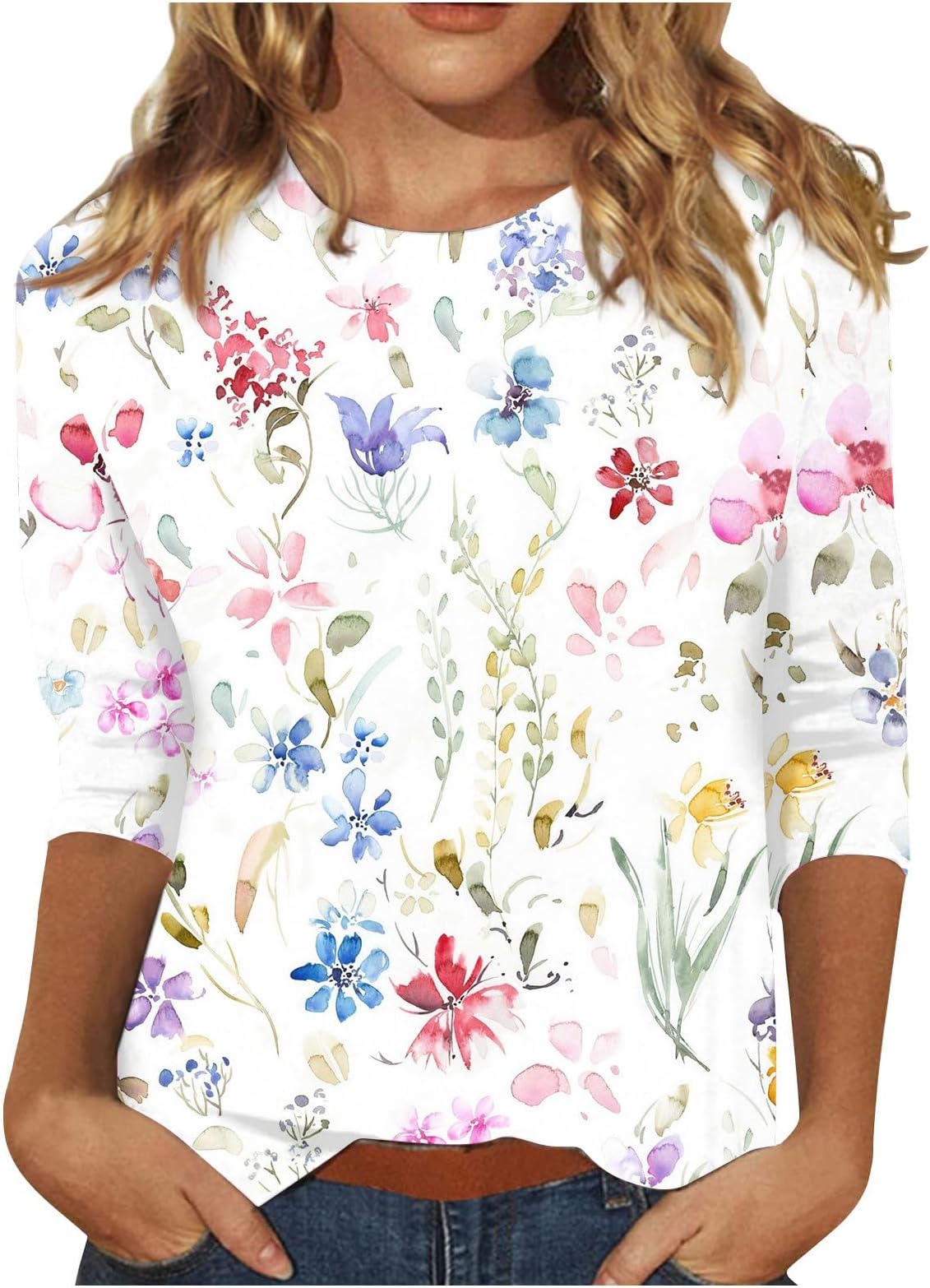 YUTANRAL3/4 Lenght Sleeve Womens Tops Dressy Casual Summer Tops for Women 2024 Trendy Vacation Crew Neck Tshirts Shirts