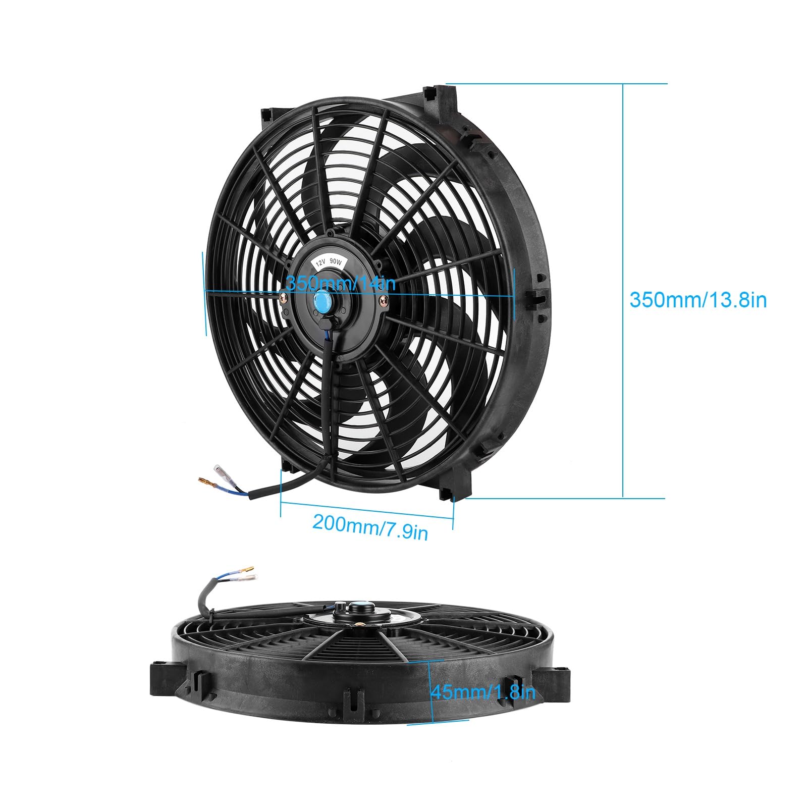 14 Zoll Slim Fan Push Pull Elektrischer Kühlerlüfter Auto Modifizierte Teile 12V 90W mit Montagesatz Universal Schwarz