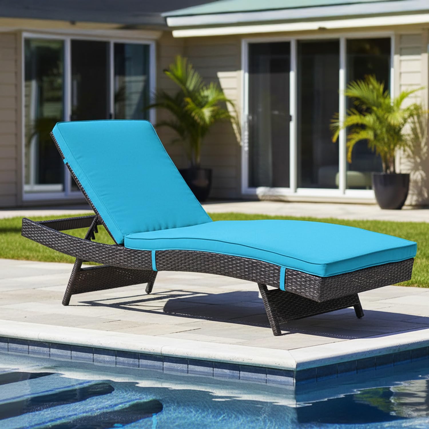 DEVOKO Outdoor Wicker Set Reclining Lounger with Adjustable Backrest All Weather Comfort Weatherproof Cushions & Durable Metal Frame for Poolside, Garden (Dark Brown & Sky-Blue)