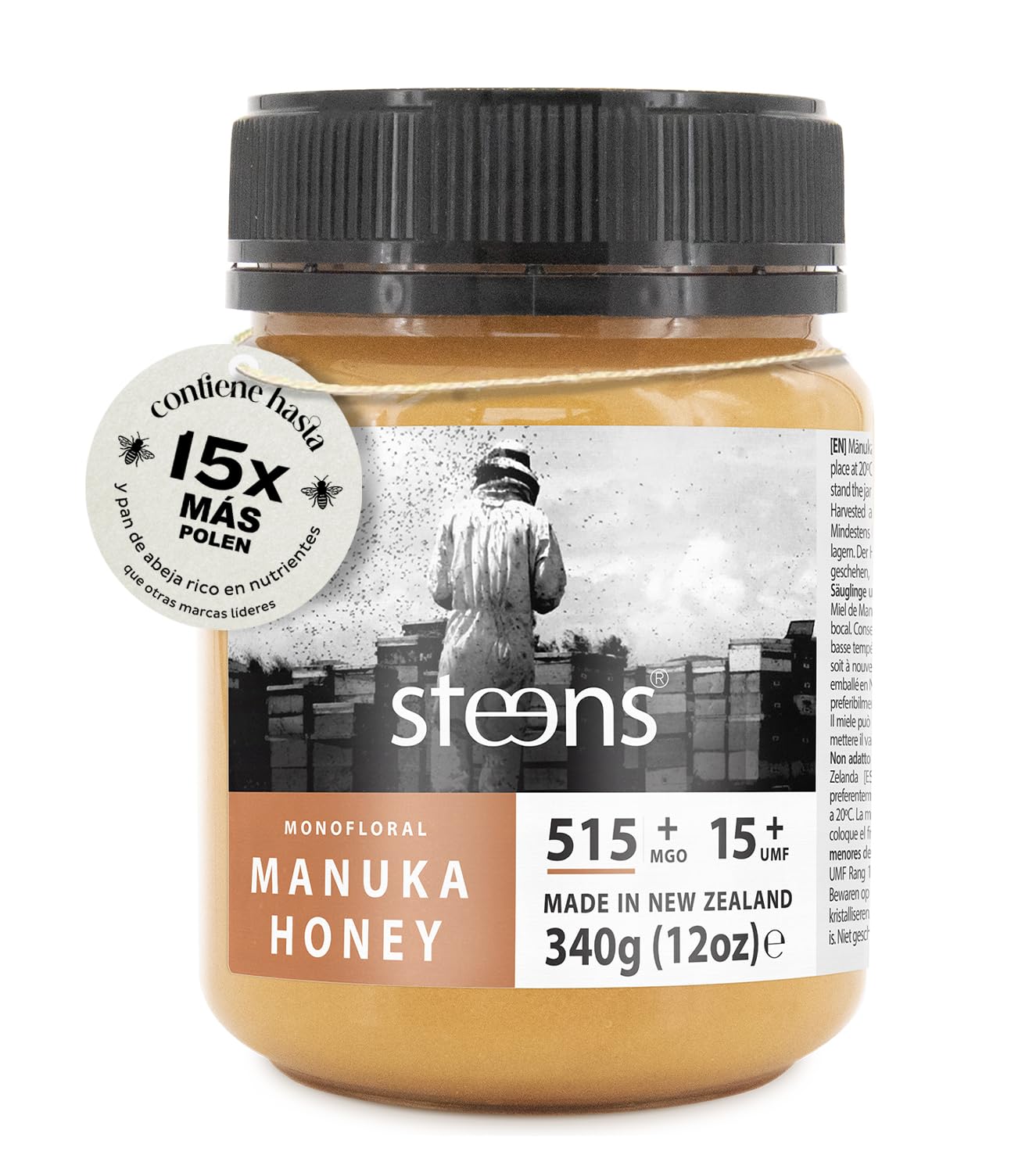 Miel de Manuka Steens MGO 515+ - 340 g de miel de Manuka 100% pura y cruda, certificada UMF 15+ - envasada y sellada en Nueva Zelanda
