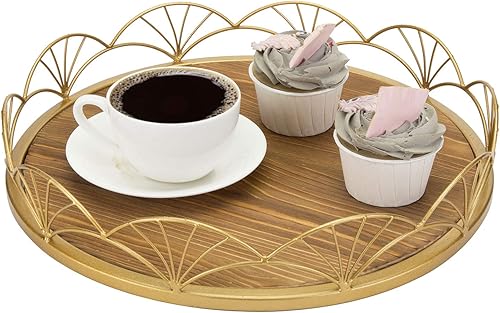 MyGift Bandeja decorativa redonda de madera quemada con elegante borde de metal en tono latón, bandeja de tocador de 12 pulgadas