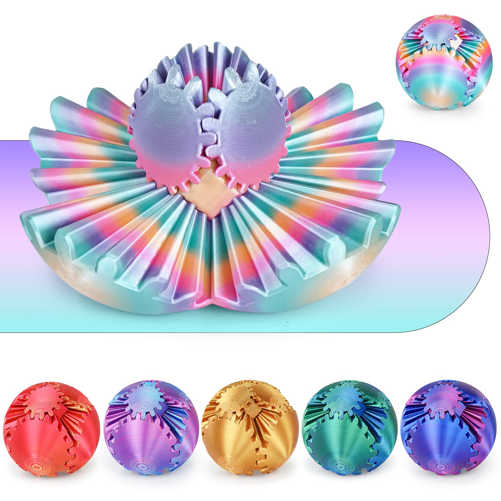 GearSphere 3D Printed Spin Ball or Cube Fidget Toy, Fidget Ball Gear Toy for Stress and Anxiety Relief, Desk Toy for Adults & Kids (Rainbow, 3.1 Inch)