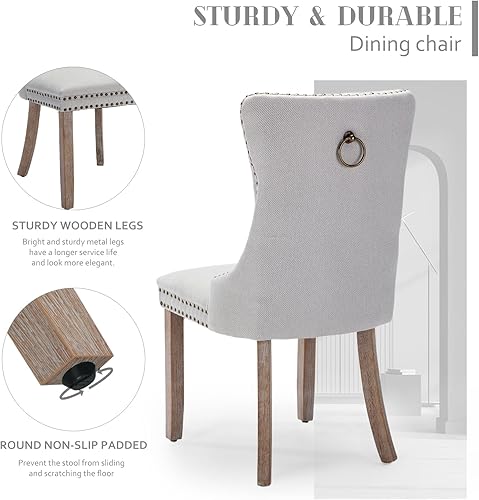 Miniatura 5 de SoarFlash Juego de 2 sillas de comedor de tela de lino, sillas de comedor tapizadas con ribete de cabeza de clavo y patas de madera de color claro