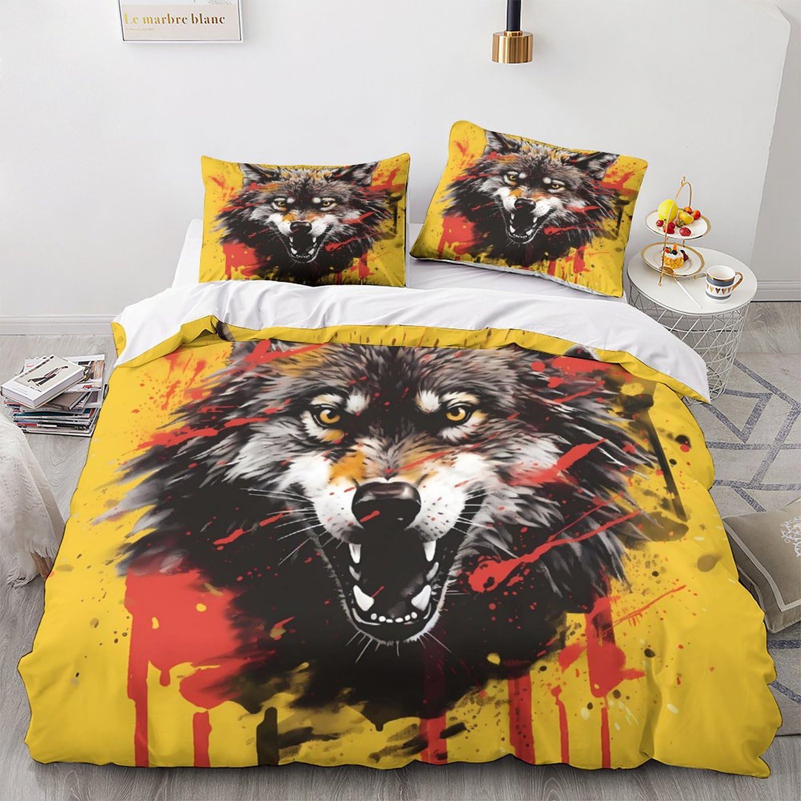 Housse de couette loup motif animal parure de lit 3 pièces 220x240 avec taie d'oreiller