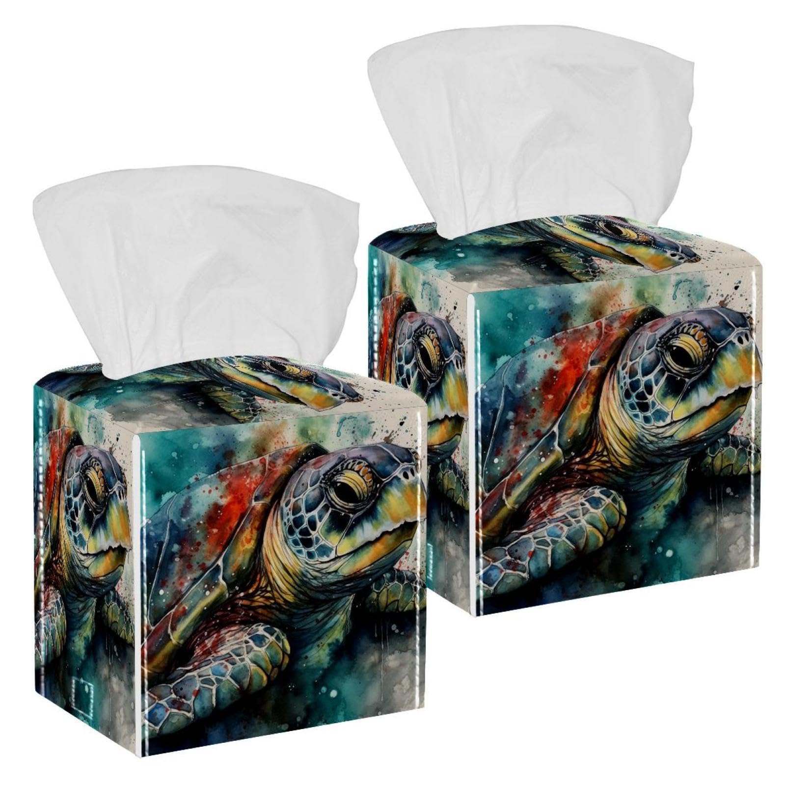 Sea Turtle Tissue Box Cover, 2 Pack PU Leather Square Facial Tissue Dispenser Box holder for Home Office Car