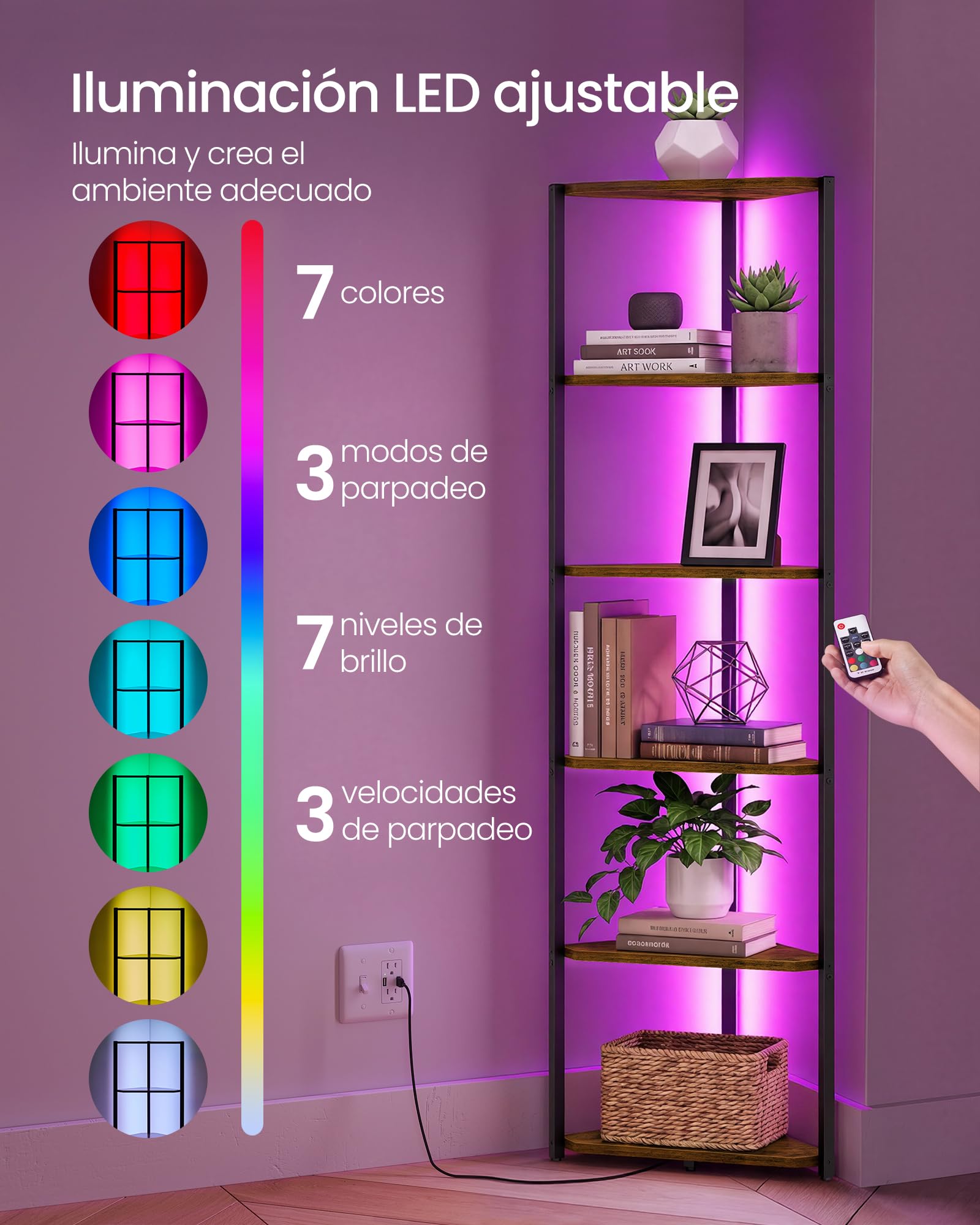 VASAGLE Estanteria Esquinera de 6 Niveles, Librería con Iluminación LED Ajustable, Estantería con Marco de Acero, 24,8 x 48 x 182,1 cm, para Salón, Dormitorio, Estudio, Marrón Rústico LBC591KD01