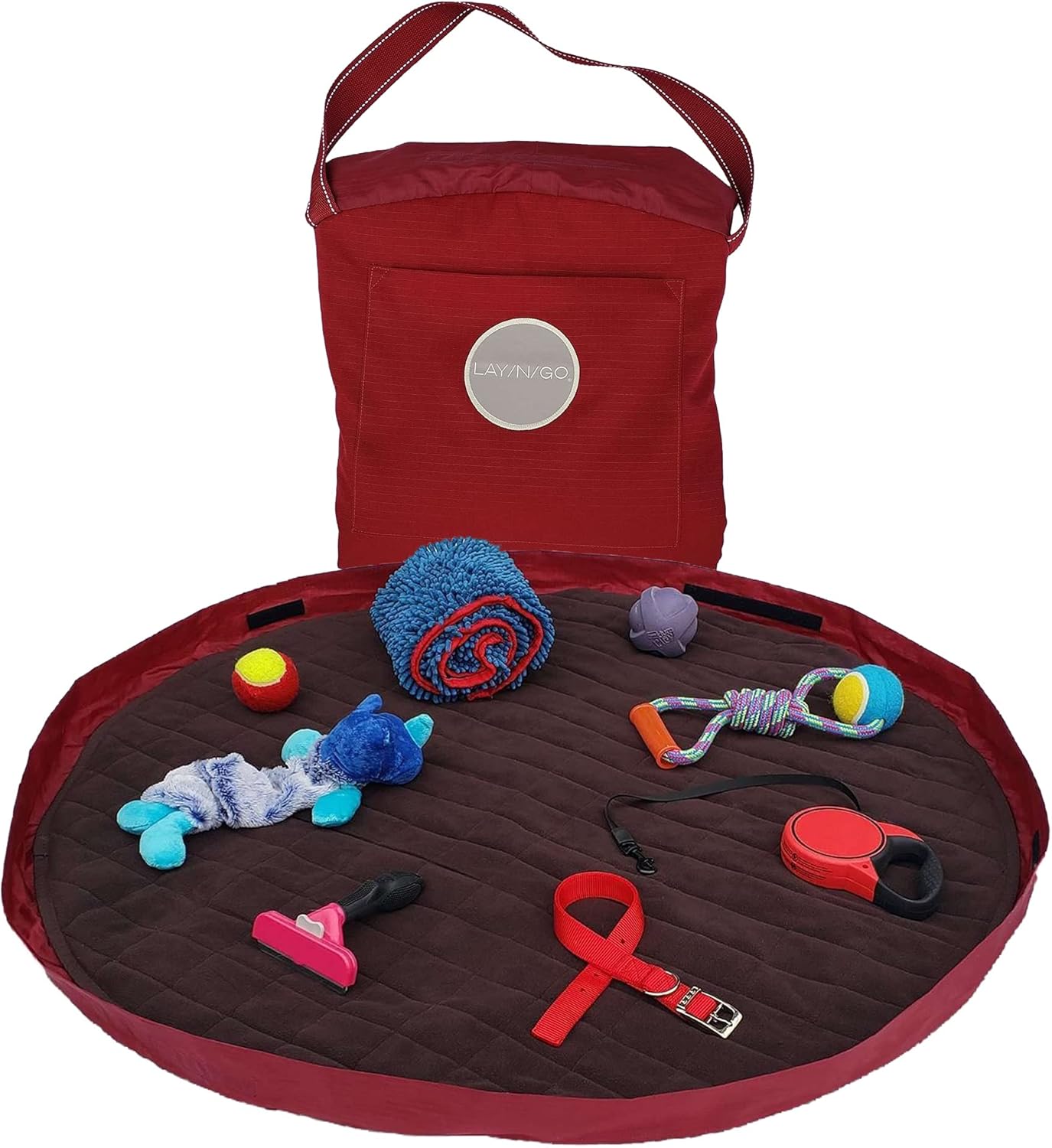 Lay-n-Go 3-in-1 Portable Layflat to Cinch and Carry Large Dog Bed - Fleece-Lined w/Wide Carry Strap, Zippered Pocket for Toys - Machine Washable, Foldable Travel for Pets (44", Burgundy/Chocolate)
