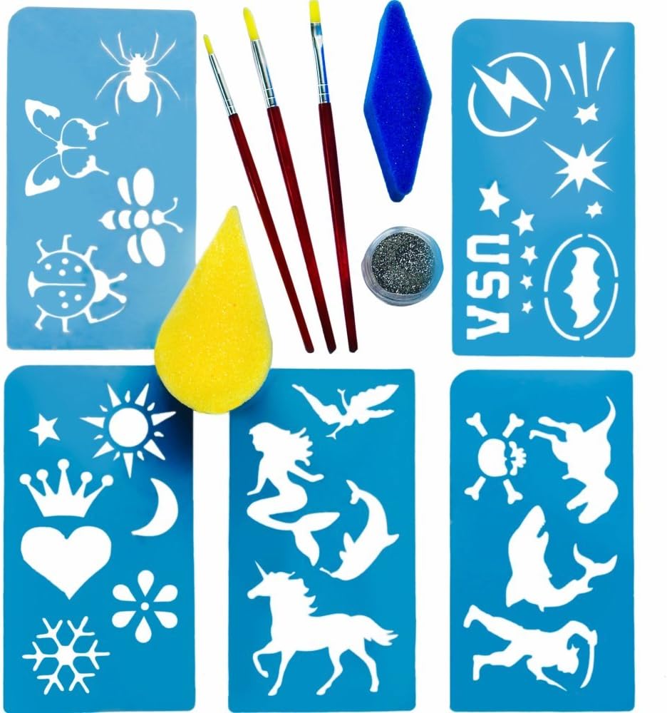 FACE PAINT STENCILS Tool Kit Supplies,BONUS GIFT Bag, BEST 28 Boys/Girls Reusable Designs, Body Painting Stencil Accessory Set:Brushes, Sponges,Glitter. Kids,Santa loves it, LIMITED EDITION