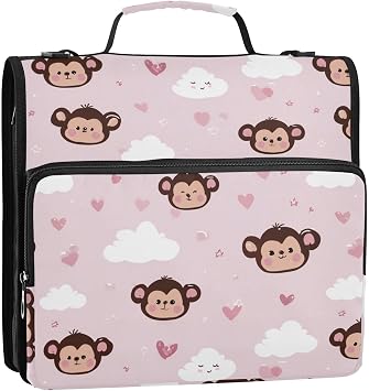 Monkey Cloud Binder Bag Pink Heart 1.5 Inch 3 Ring Zipper Bag with Shoulder Strap & Handle, Multi-Pocket Organizer Binder 500 Sheet Capacity for School Office Home