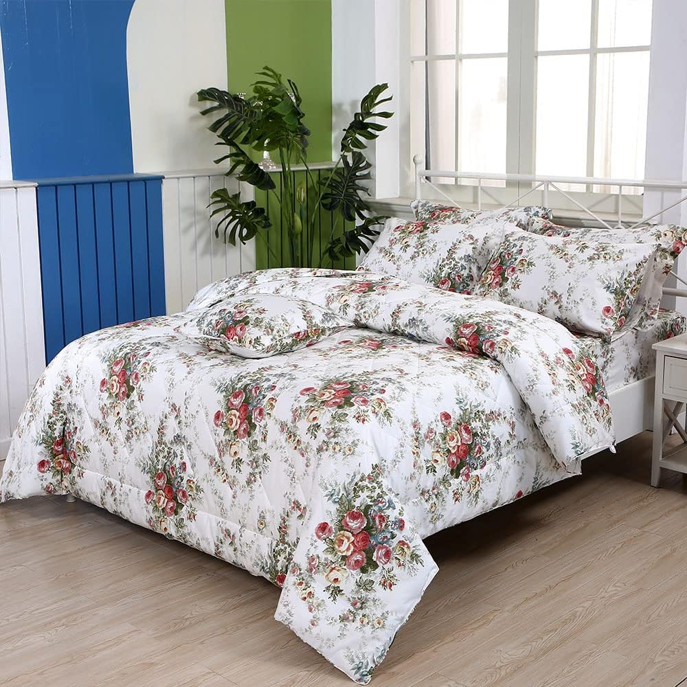 FADFAY Floral Comforter Set King Size 3 Pcs All Season Down Alternative Duvet Insert Shabby Retro Vintage Rose Bedding 100% Cotton Fabric Microfiber Filled Lightweight Farmhouse Quilt 2 Pillowcases