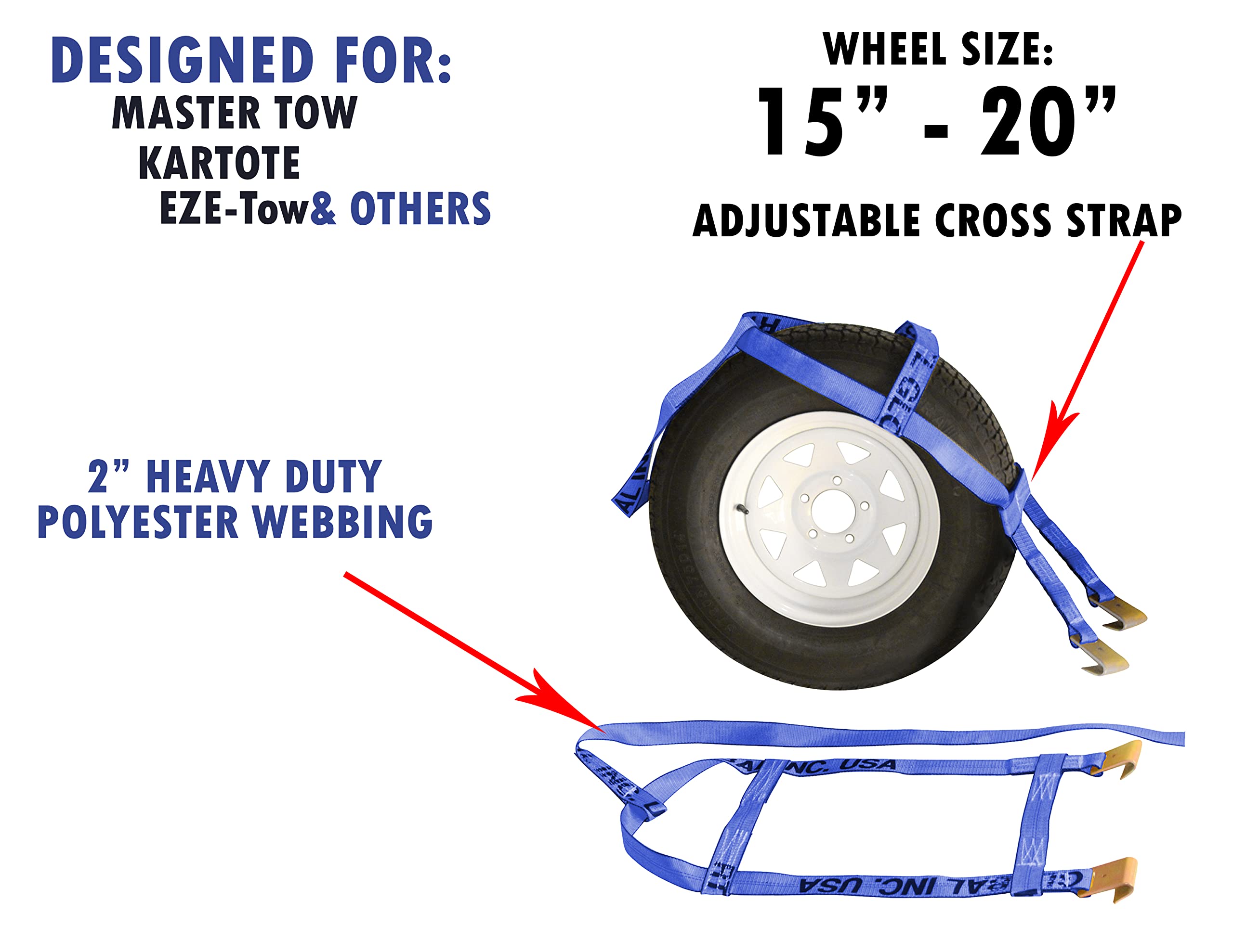 Blue Demco Kar Kaddy Tow Dolly Wheel Basket Straps Tie Down with Flat Hooks & 2 Ratchets (2 Pack)