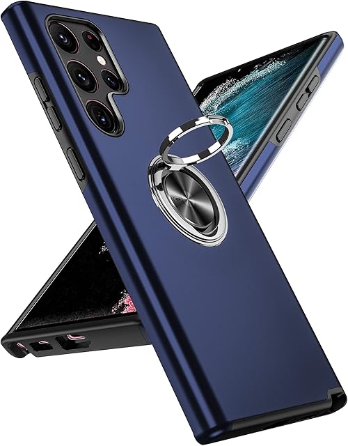 LeYi for Samsung Galaxy S22 Ultra Case,Heavy Duty Protection Shockproof Cover with Built-in Ring Holder Lightweight Silicone Hybrid Phone Case for Galaxy S22 Ultra Blue