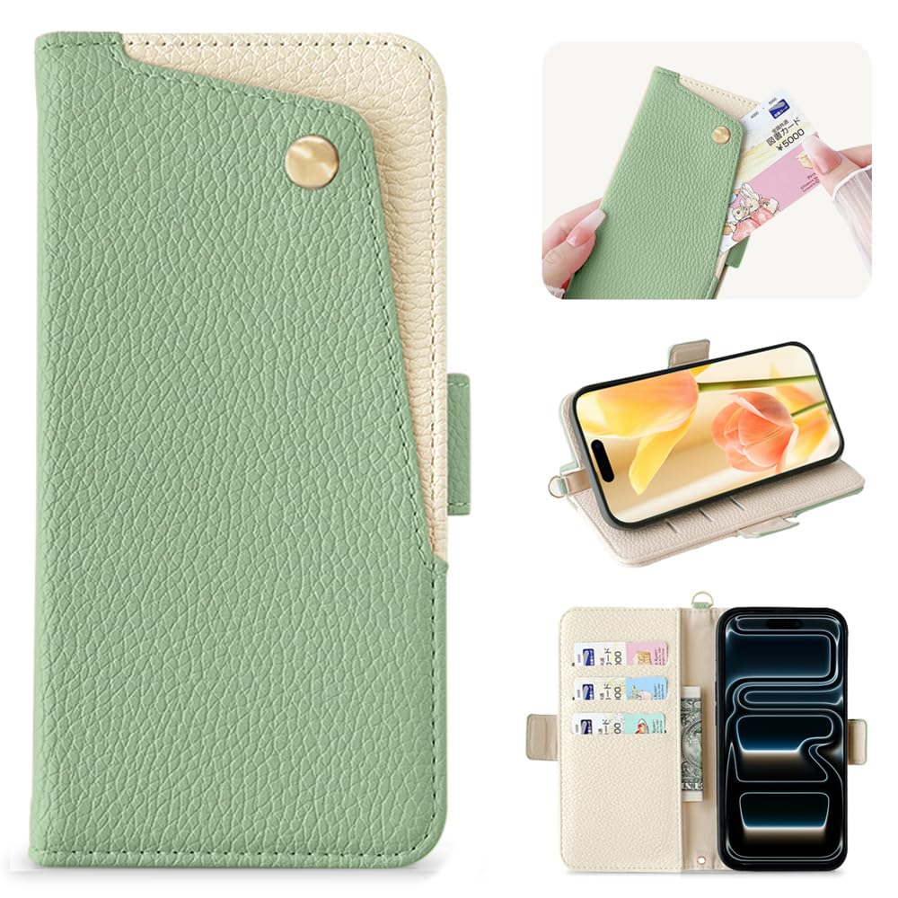 Kahper for iphone17pro ケース 手帳型 いphone17pro ケース 手帳型 おしゃれ スマホケース iphone 17pro 軽量 衝撃吸収 あいふおん17プロ 手帳ケース PUレザー 全面保護 擦り傷防止 防塵 落下防止 携帯カバー マグネット式 スタンド機能 アイフォン17pro テチョウガタ カード収納 大人 女性上品 人気(グリーン)