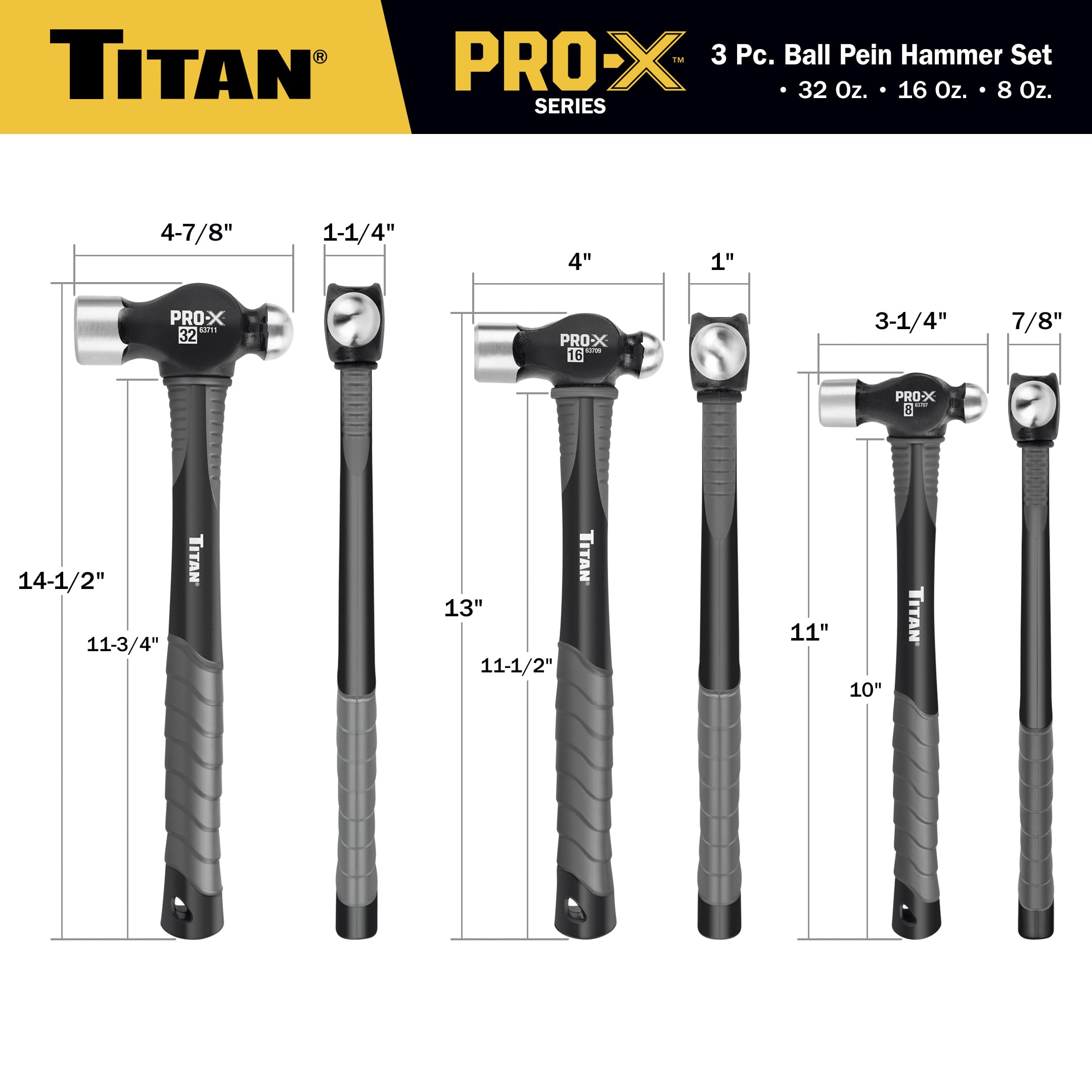 Titan Pro-X 63706 3-Piece Ball Pein Hammer Set, Includes 8oz, 16oz
