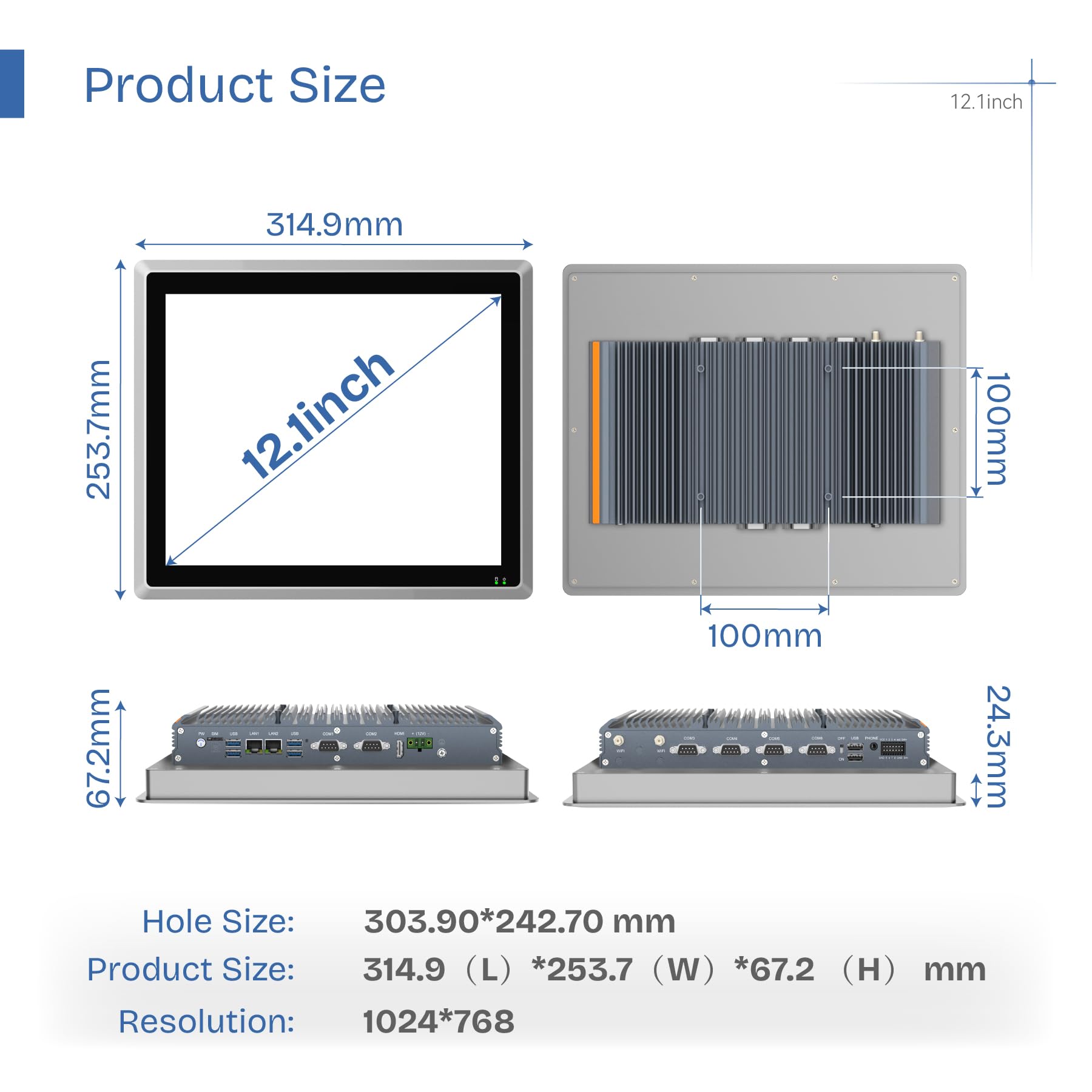 Panel PC Industrial Integrado de 12,1",Todo en uno,Táctil Capacitiva,sin Ventilador,IP65,Windows 11 Pro,Encendido automático,2×LAN,HDMI,6×USB,2×RS485,4×RS232 (i7-10710U,16 GB RAM,512 GB SSD)