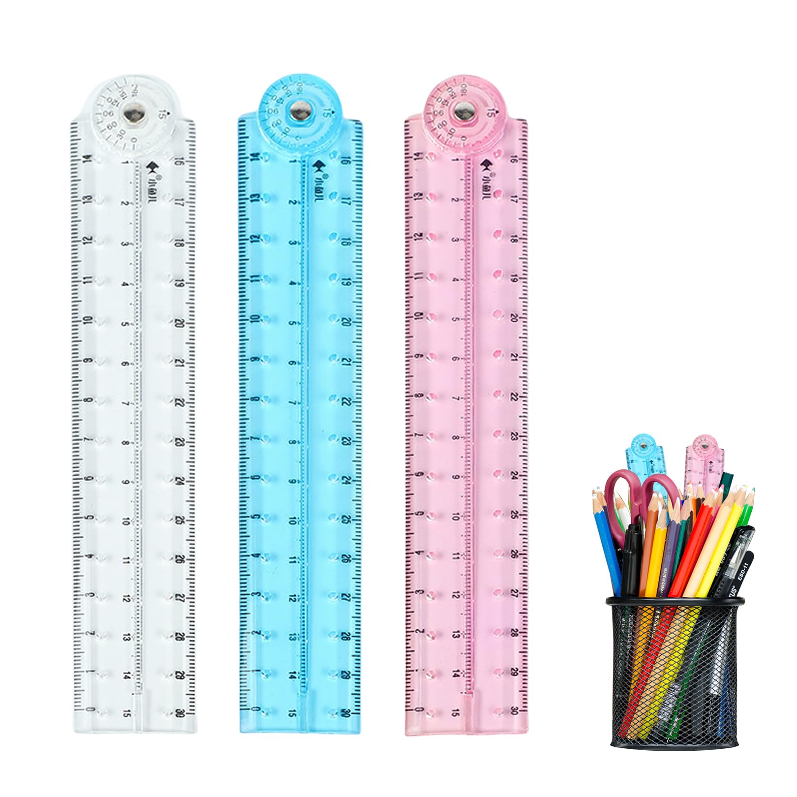 3 Pcs Ruler 30cm Folding,Foldable Transparent Long Rulers,Plastic Shatterproof Square Color Rullers Set,Clear Blue Pink Flexible Fold Up Kids Ruler,Geometric Childruler for School Office Secondary