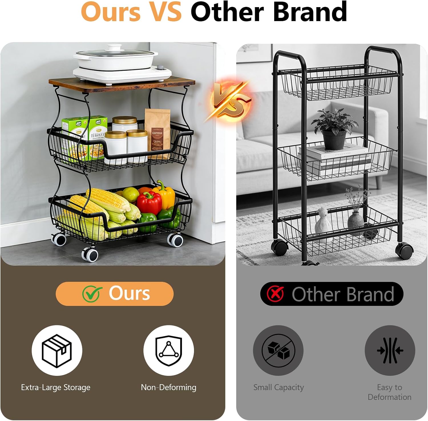 2 Pack Utility Rolling Cart 3-Tier Metal Storage Organizer Cart with Wooden Top Snack Rack Pantry Cart with Wheels for Kitchen, Bathroom, Office, Bedroom, Living Room, Black