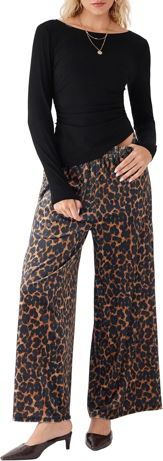 CIDER Womens Leopard Print Wide Leg Pants High Waist Casual Trousers - Image 4