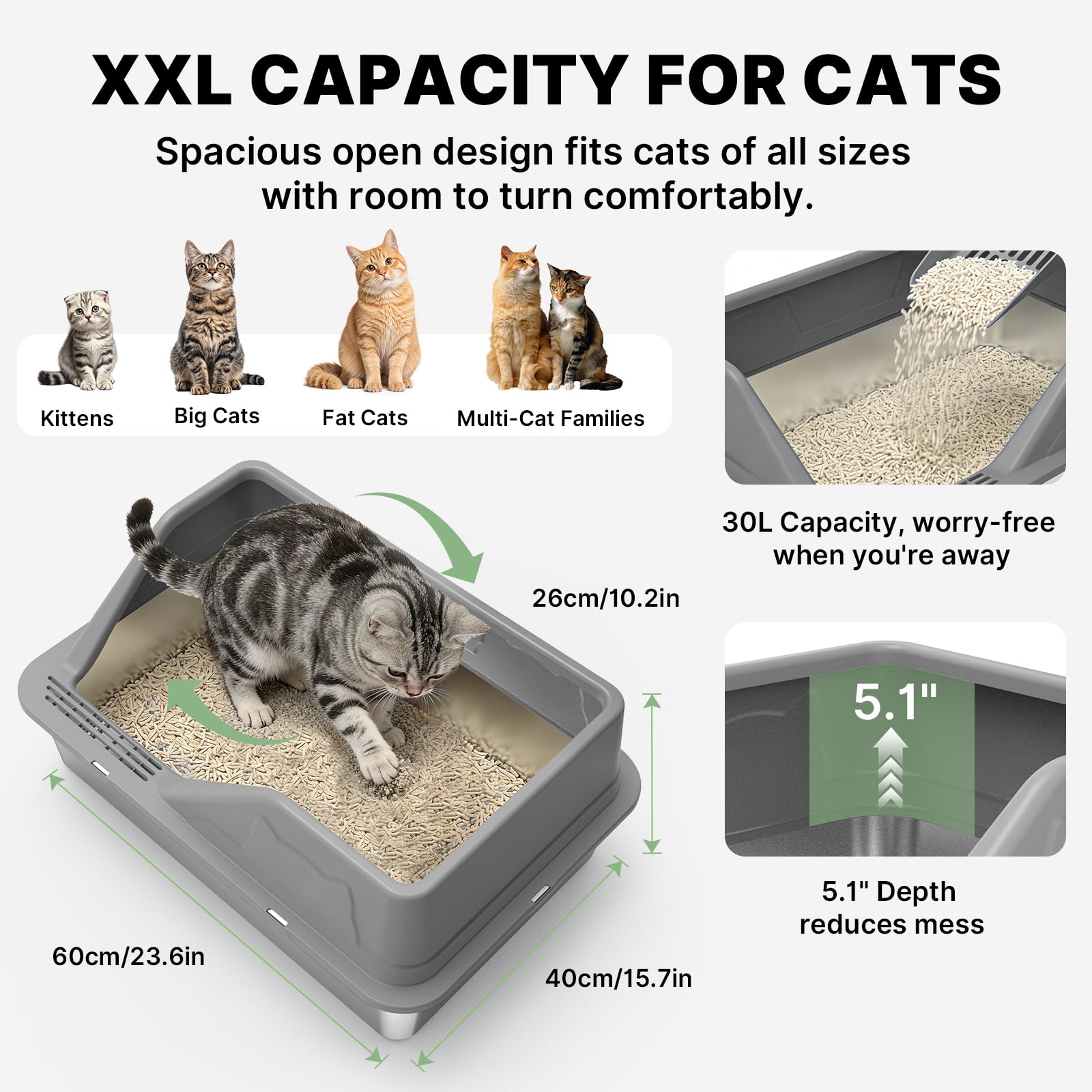 Stainless Steel Litter Box XL for Big Cats, Large Metal Cat Litter Box, High Sided Stainless Steel Pan Litterbox, Easy Clean Non-Stick, Included Scoop & Pedal & Mat, Dark Grey - 3