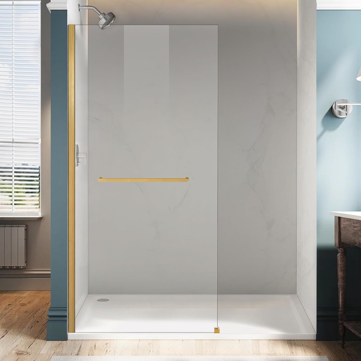 36"×76" Shower Glass Panel, 3/8"(10mm) Thick Tempered Frameless Shower Glass, Fixed Glass Shower Door with Towel Holder in Brushed Gold