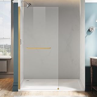 34"×72" Shower Glass Panel, Fixed Glass Shower Panel with 3/8"(10mm) Thick Tempered Glass Shower Door with Towel Holder in Brushed Gold