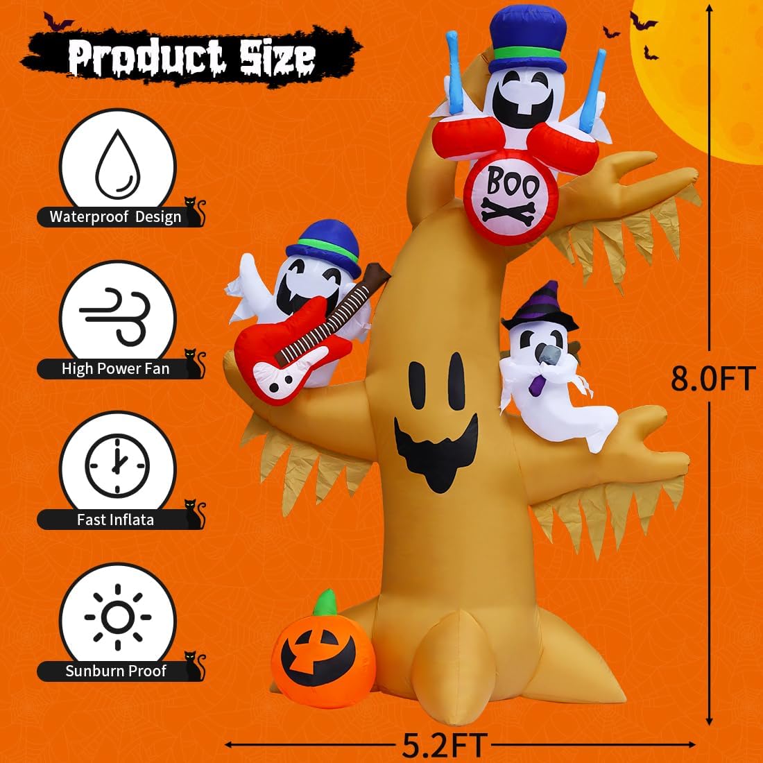 GOOSH 8 FT Halloween Inflatable Outdoor Ghost Tree with Pumpkin, Blow Up Yard Decoration Clearance with LED Lights Built-in for Holiday/Party/Yard/Garden