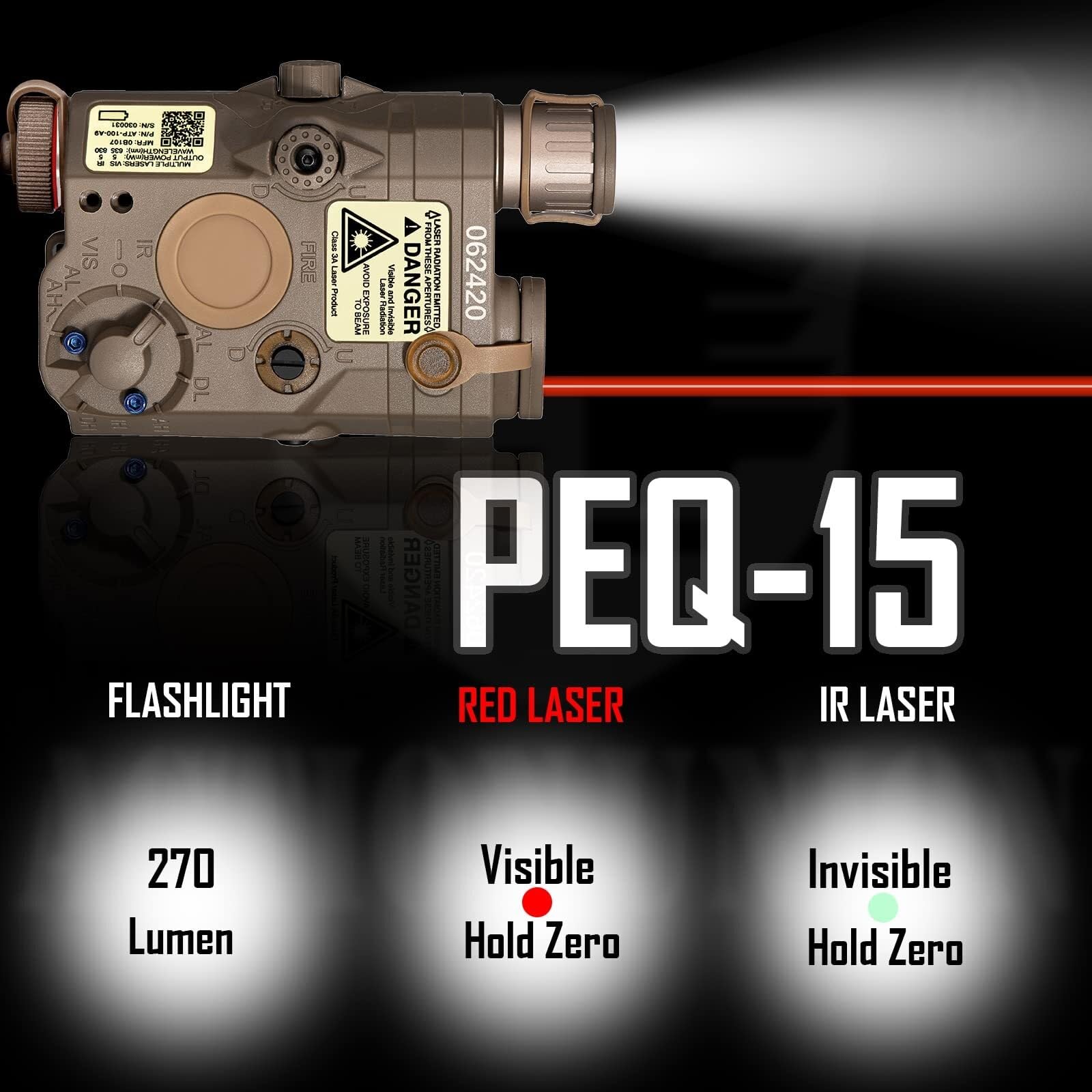 Airsoft PEQ-15 IR Laser + Visible Red Laser + White LED Flashlight (Black)