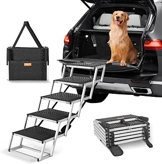 VEVOR Dog Stairs for Car Wide 5-Steps,Folding Dog Car Ramp with Nonslip Surface, Portable Pet Steps Lightweight Aluminum for Car, SUV and Truck, Supports up to 150 lbs