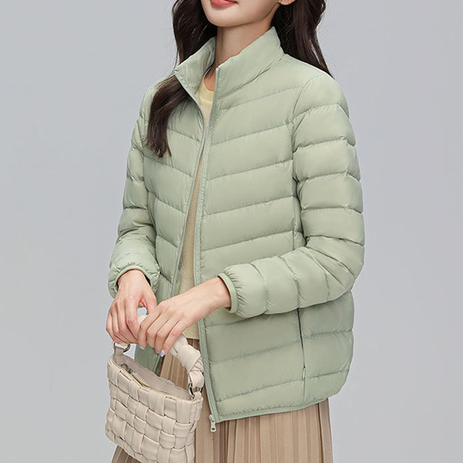 JEsilunmaMY Women's Stand Collar Duck Down Jacket Lightweight Long Sleeve Insulated Puffer Jacket Warm Winter Quilted Coat