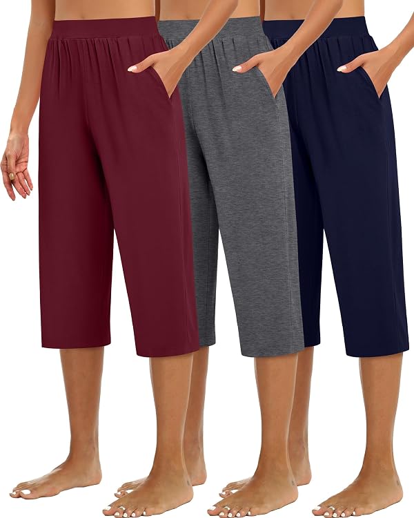 Huukeay 3 Pack Women's Capri Sweatpants Cozy Wide Legs Cropped Capri with Pockets Lounge Jogger Pants Workout Yoga Solid by Huukeay - Used condition - US$43.35