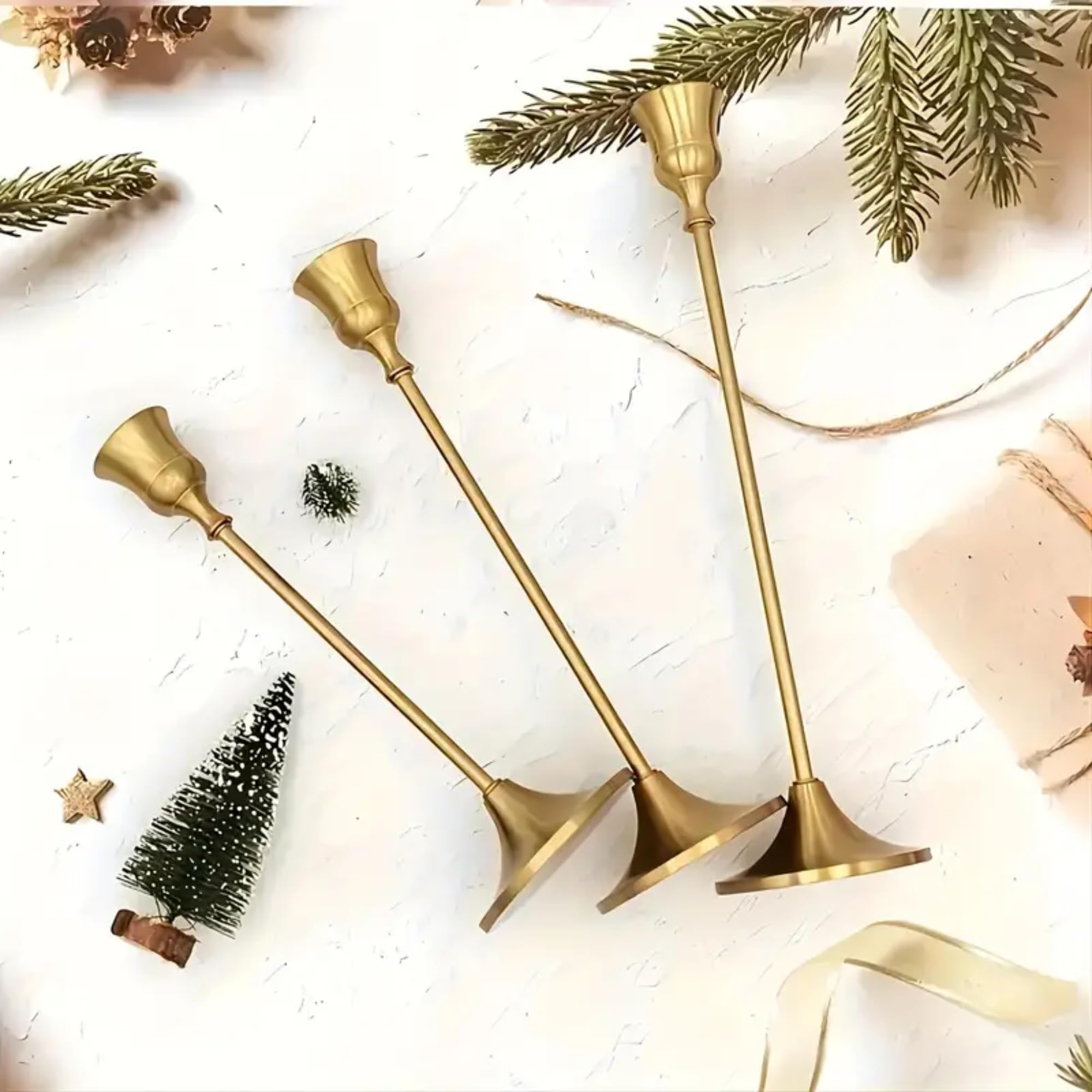 Set of 3 Gold Taper Candle Holders in Varying Heights - Stylish Brass Decorative Candlestick Holder Perfect for Weddings, Home Decor, Dinners, and Special Occasions - Ideal for 2-4 Inch Candles - Image 2