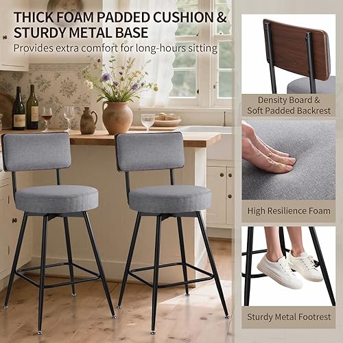 Miniatura 5 de Taburetes de bar de altura de mostrador, taburetes de bar giratorios de 25 pulgadas, juego de 2, silla de bar giratoria redonda, taburetes de bar