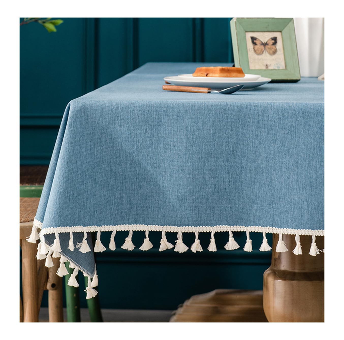 Nappe effet lin bleu 140x220cm pour repas de famille sans stress