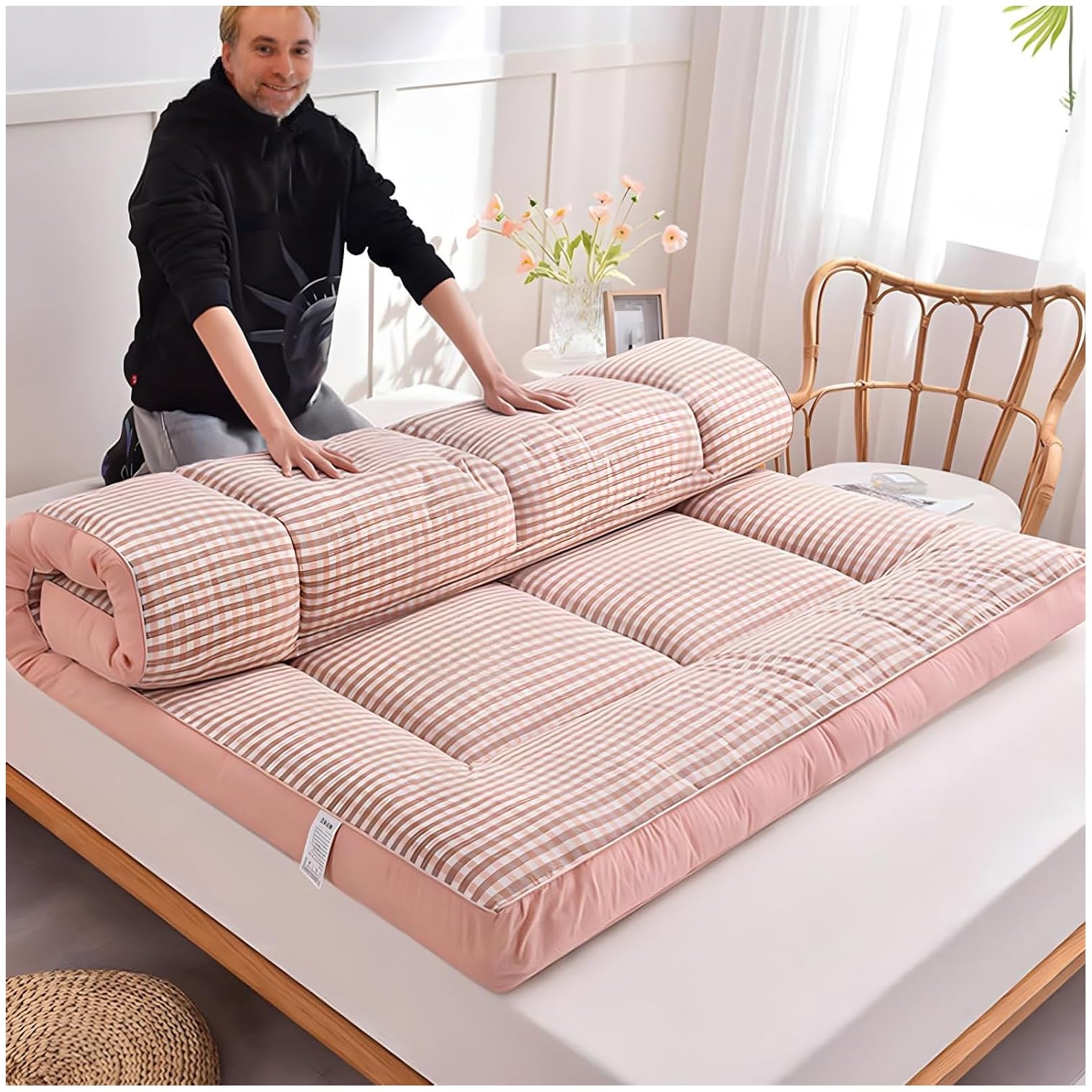 Matelas Futon Japonais Épais et Confortable, Tapis de Couchage, Tatami for Dortoir, Chambre ou Chambre d'amis(Black Plaid,90x200cm)