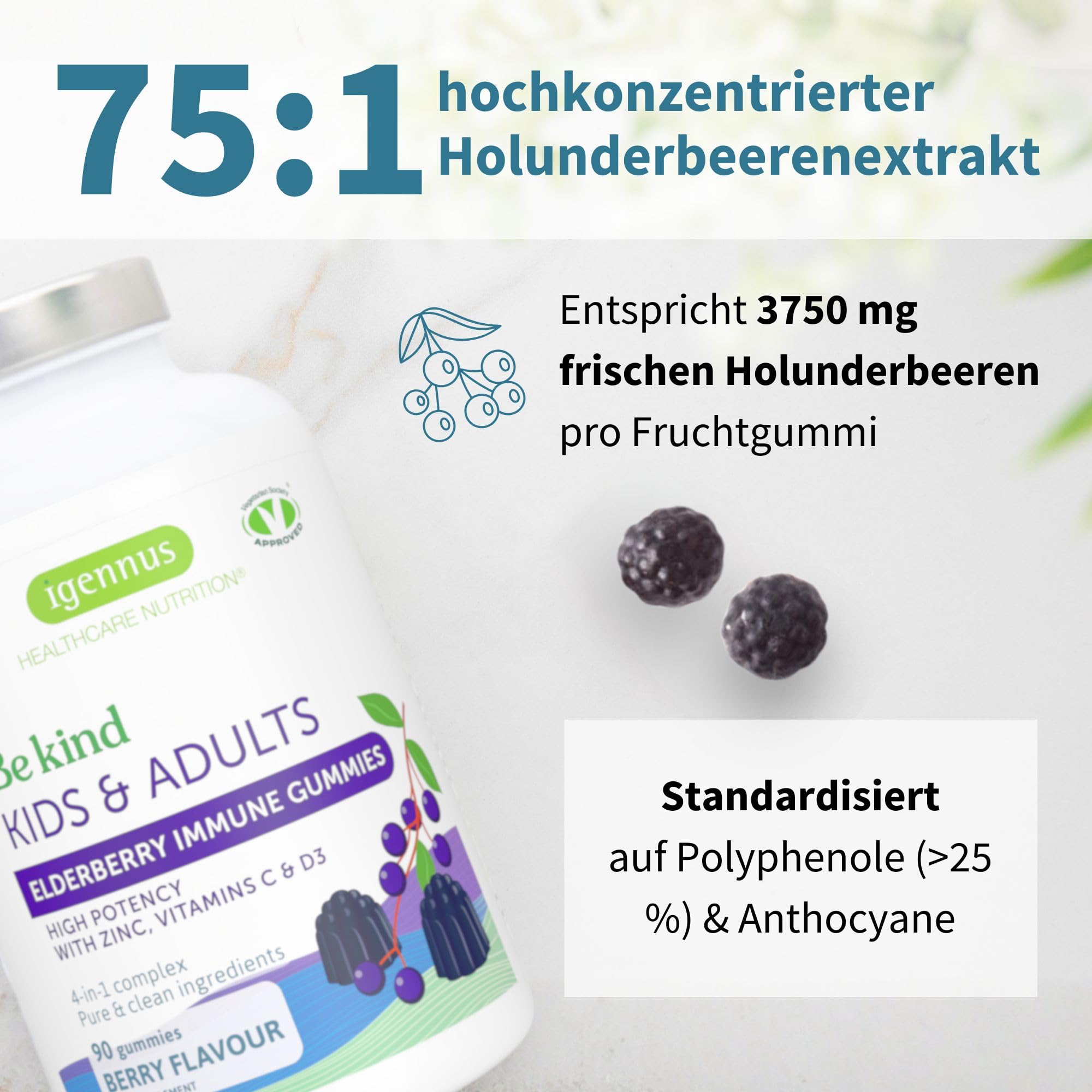 Igennus Holunderbeeren Gummies für das Immunsystem, 4-in-1 Komplex mit Vitamin C, D3 & Zink, 75:1 Extrakt, Vegane Nahrungsergänzung für Kinder ab 4 Jahren & Erwachsene, Beerengeschmack, 90 Gummis