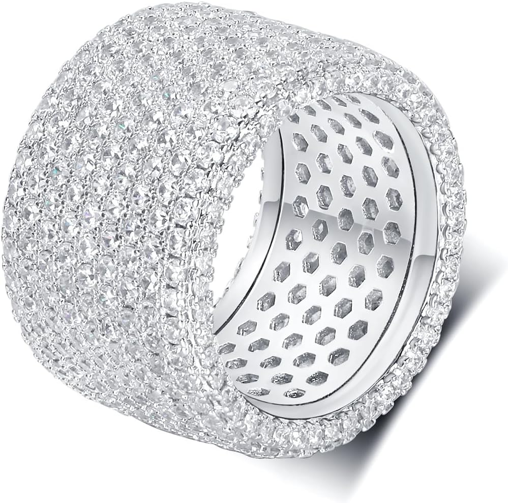 MDFUN 18K White Gold Plated Iced Out Engagement Promise Wedding Eternity Ring for Women Men, Sparkling Cubic Zirconia Round Rings 15mm Width Size 5-10