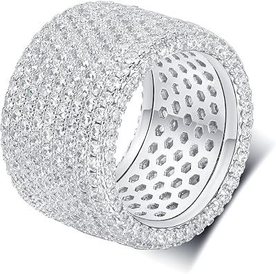 MDFUN 18K White Gold Plated Iced Out Engagement Promise Wedding Eternity Ring for Women Men, Sparkling Cubic Zirconia Round Rings 15mm Width Size 5-10