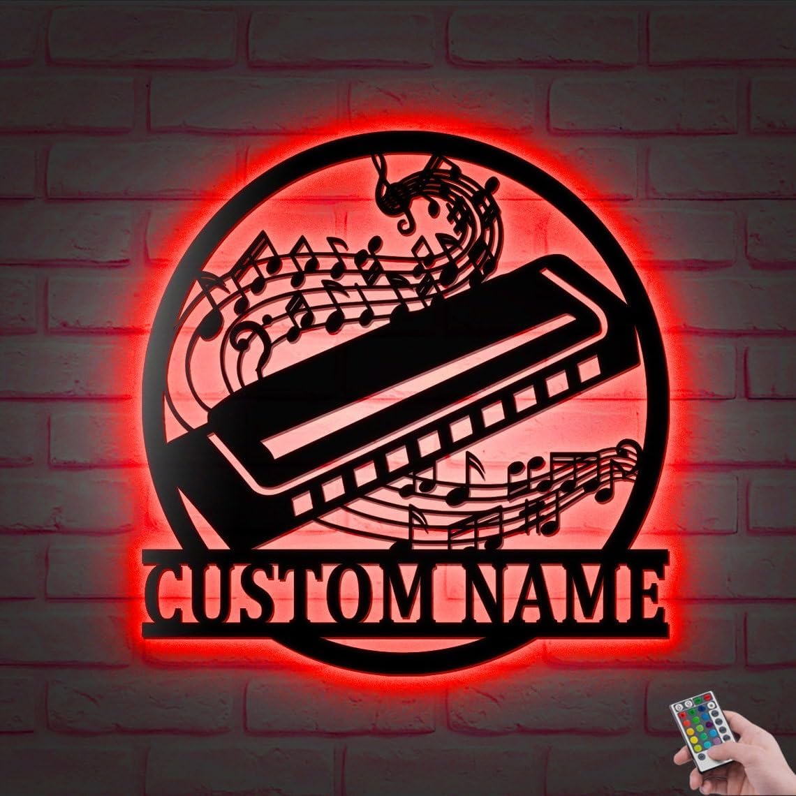 JACKLANE Metal Sign Custom Harmonica Music Metal Wall Art With Led Lights, Personalized Musical Name Wall Art Decoration, Instrument Gift Home Decor