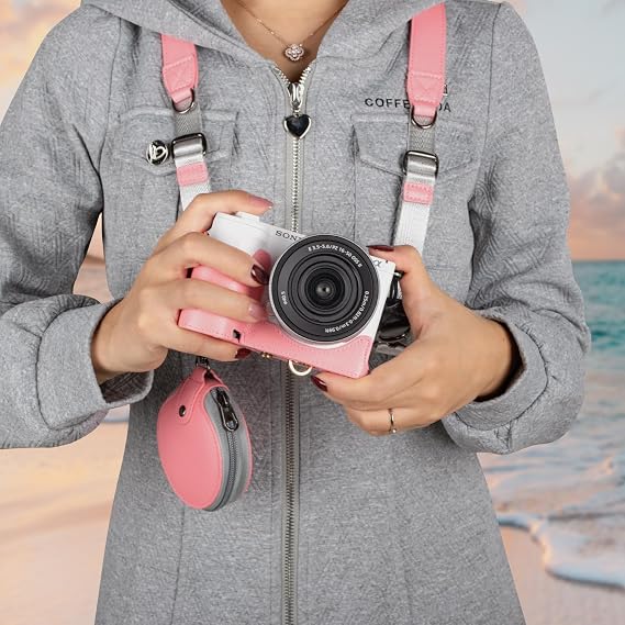 MUZIRI KINOKOO Camera Case for Sony ZV-E10 II, PU Leather Protective Case for Sony Alpha ZV-E10 II/ZVE10 II Camera with 16-50mm Lens - Removable Case with Shoulder Strap & Storage Pocket - Pink