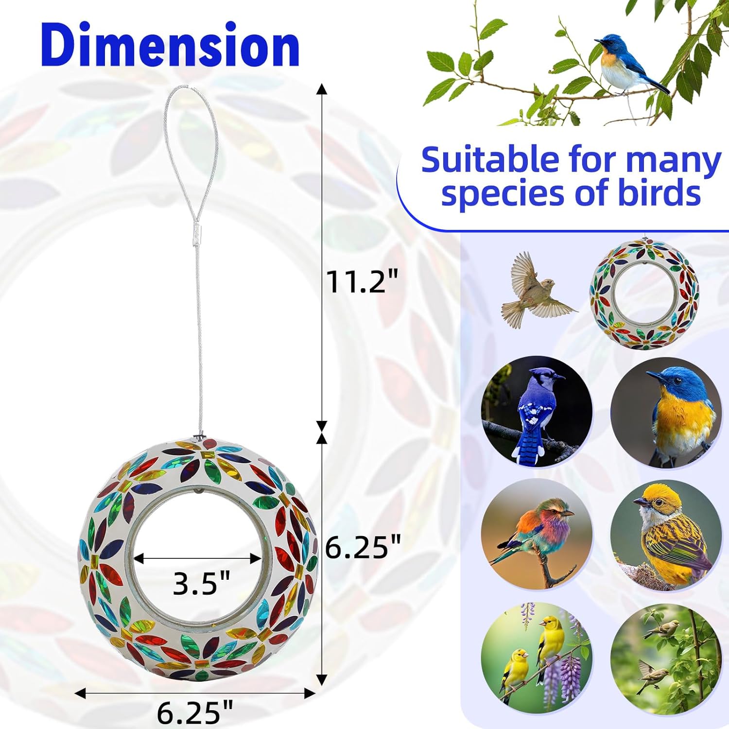 VOREEN Mosaic Glass Bird Feeder, Handcrafted Hanging Fly-Through Feeder for Outdoor Garden & Backyard, Decorative Wild Bird Feeder with Steel Wire Cable, Mosaic Colorful Flowers