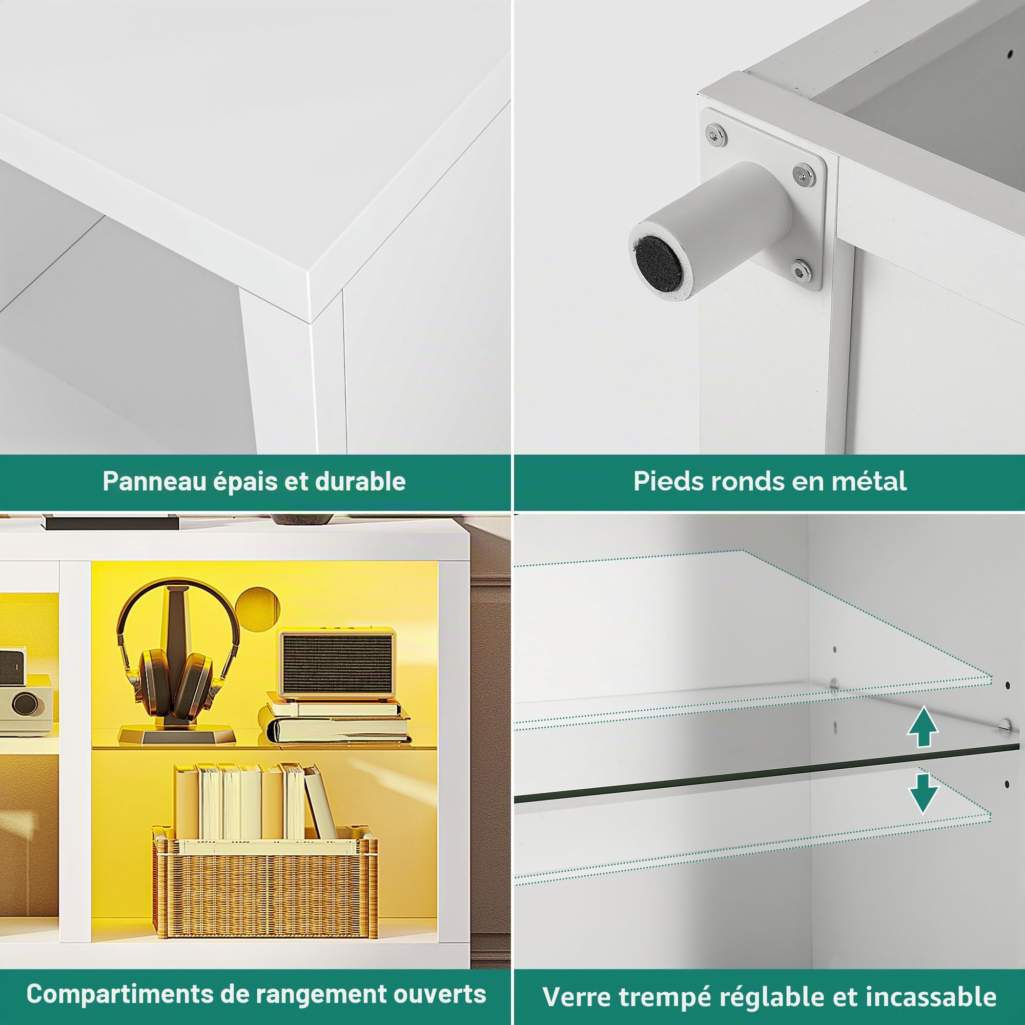 YITAHOME Meuble TV LED, 148 cm Meuble Télé pour TV de 55/60/65" avec Armoire pour PS5, Éclairage LED RGB avec Couleur réglable Moderne, avec étagères en Verre réglables, pour Salon, Chambr (Blanc)