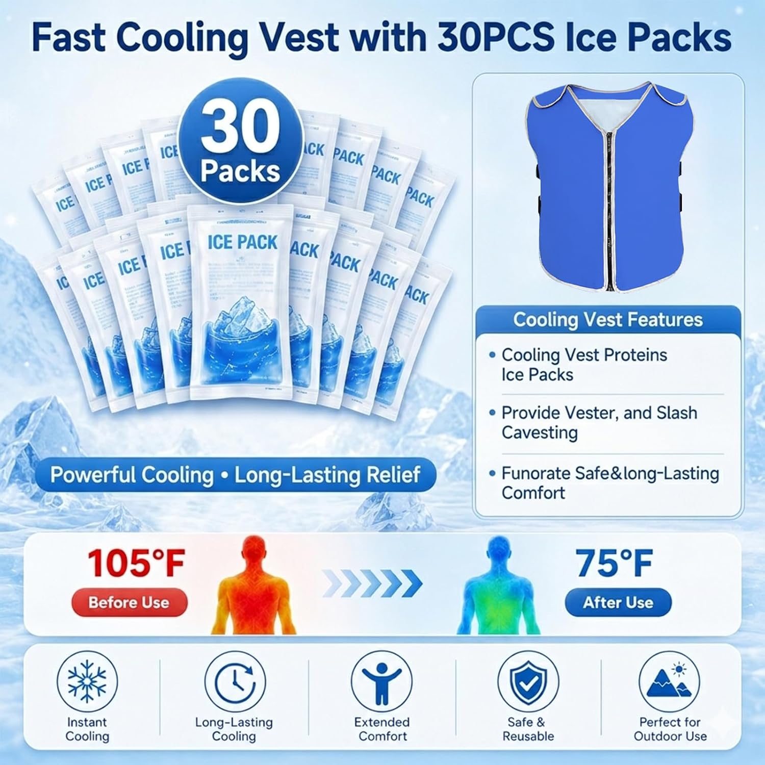 Cooling Vest, Adjustable Ice Vest with 30 Ice Packs, Reflective Cooling Vest with 6 Waterproof Pockets for Hot Weather