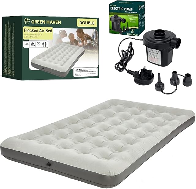 Green Haven Grey Double Blow up Camping bed + AC Electric Air pump | Waterproof Double Airbed Inflatable Mattress | Camping Electric Pump for Inflatables with 3 Nozzles | Quick Inflatable Mattress