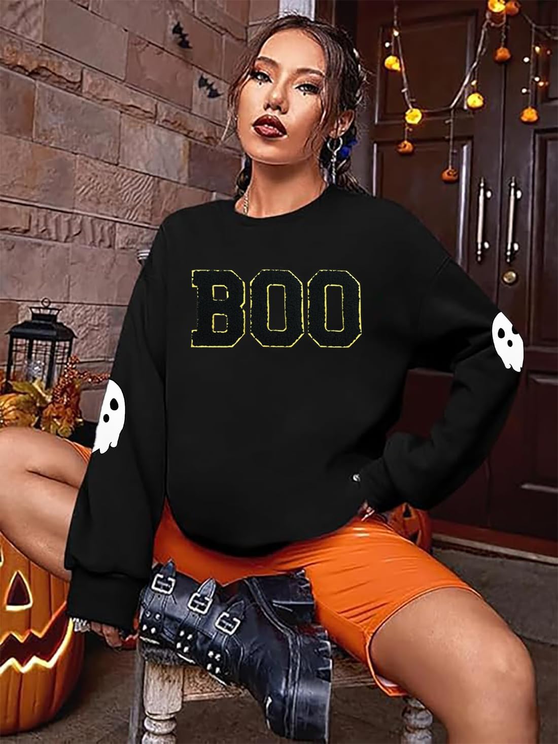 Halloween BOO Sweatshirt Women Ghost Chenille Patch Sweatshirts Spooky Season Fall Embroidered Pullover Top - Image 2