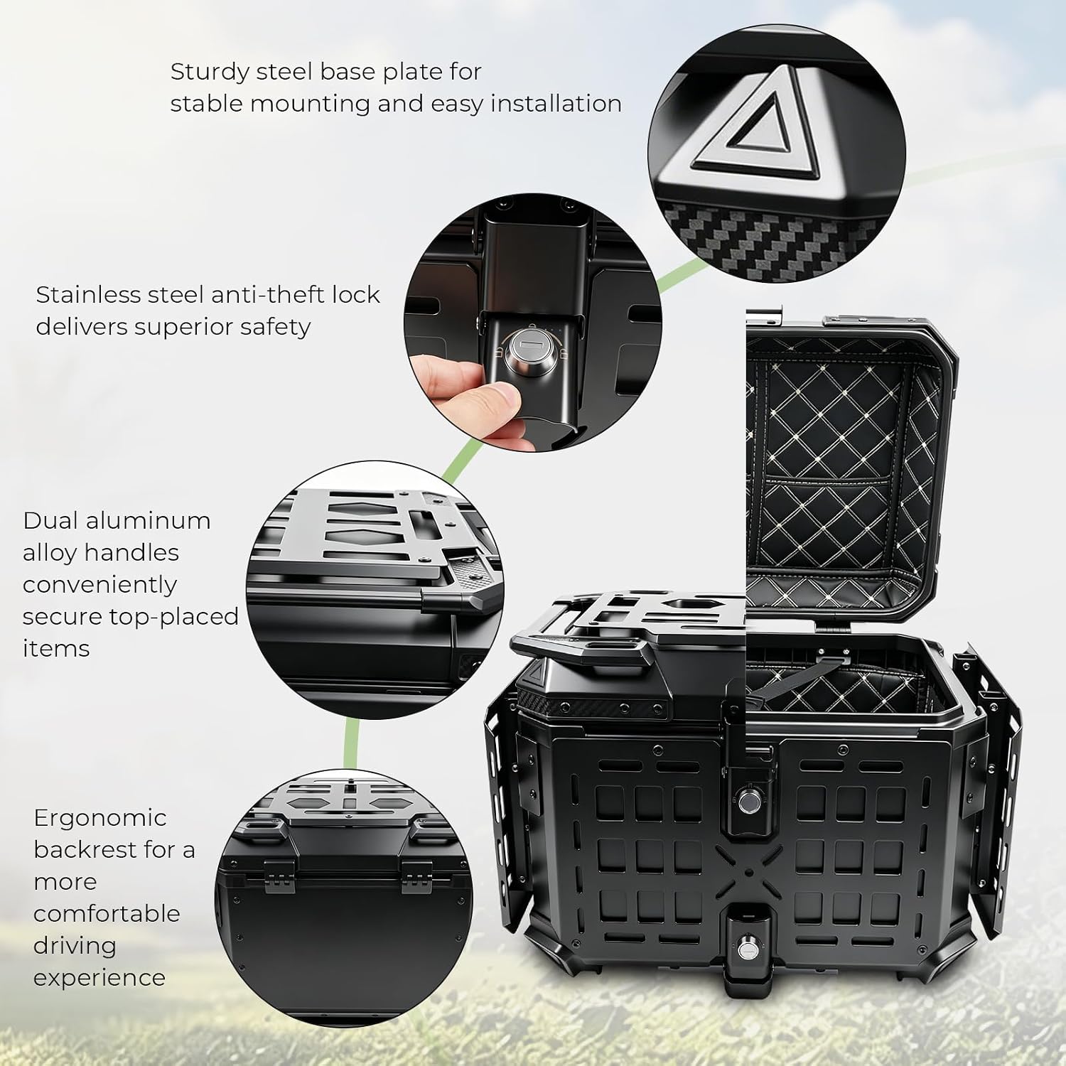 Universal Motorcycle Top Case Aluminum Motorbike Tail Box 45L Trunk Tour Storage Carrier Case with Backrest Security Lock Handle for Helmet Luggage Picnic Table Waterproof Detachable Full Black