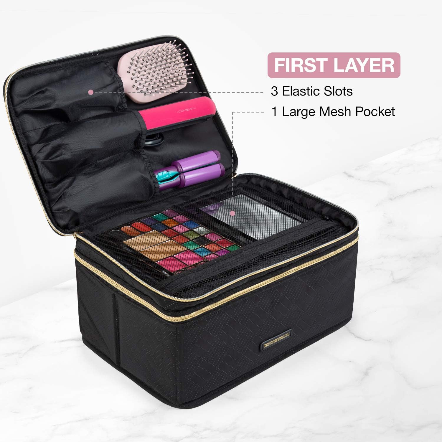 LIGHT FLIGHT Makeup Bag, Cosmetic Bag Large Makeup Case Organizer with Adjustable Dividers for Cosmetics, Makeup Brushes, Toiletries, Travel Accessories (Black-2 layer, Large)