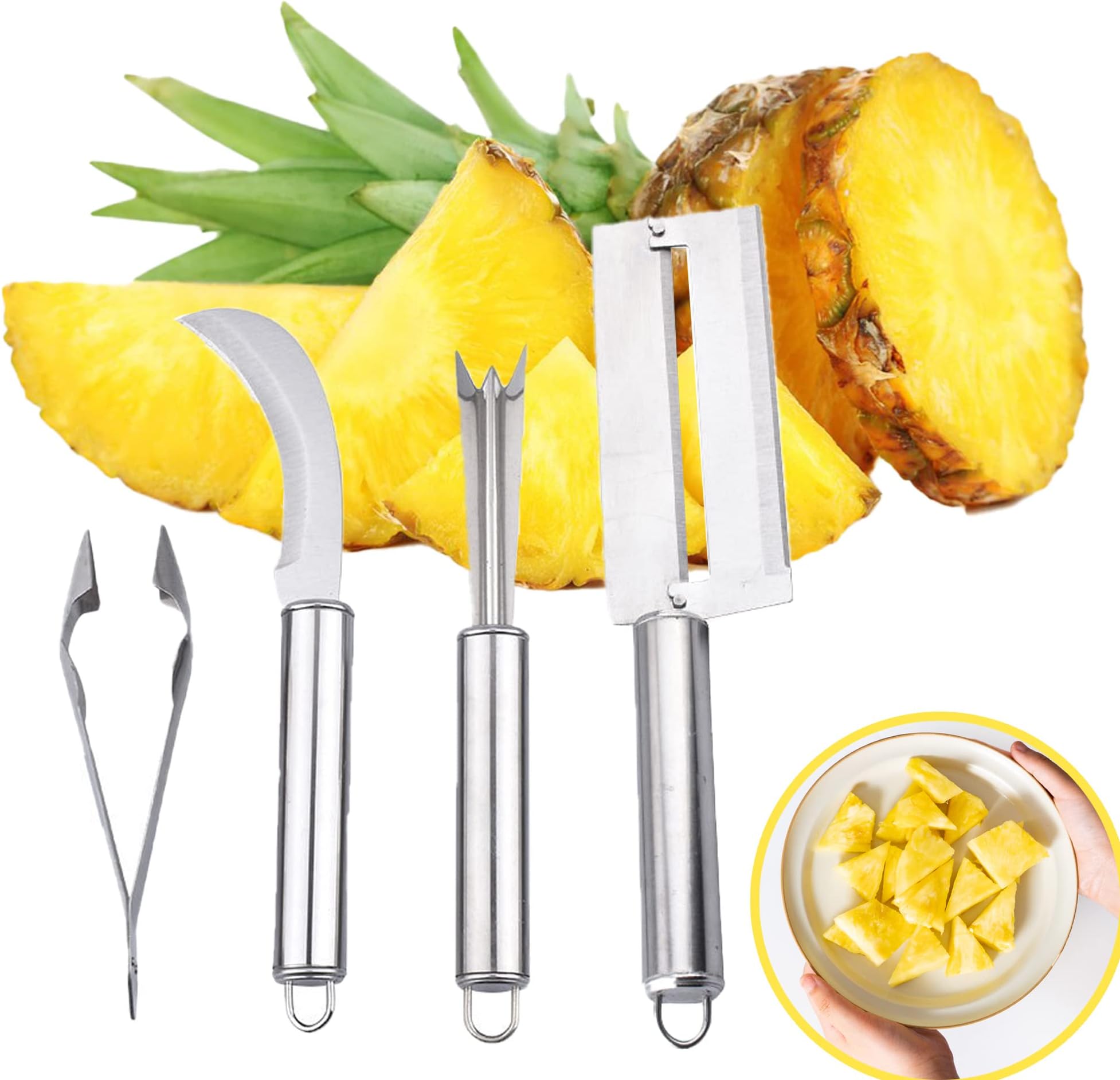 ZLMC Pineapple Peeler Remover Tool,Stainless Steel Pineapple Eye Clip and V Shape Pineapple Eye Cutter,Sugarcane Peeling Kinves for Home Kitchen Fruit Store Supermarket(4PCS)