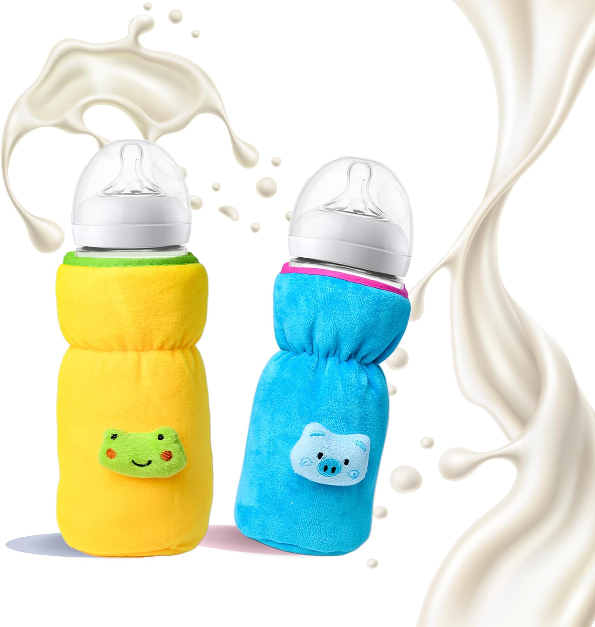 THE LITTLE LOOKERS Bottle Cover for Philips Avent/Wide Neck Feeders Soft Plush Stretchable Baby Feeding Bottle Cover with Easy to Hold Strap (Blue & Yellow, Wide Neck 240-330ml/8-11OZ)